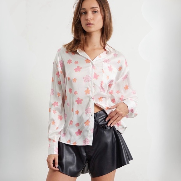 Peppermayo Tops - Peppermayo White Button-Down Blouse with Pink & Orange Floral Print